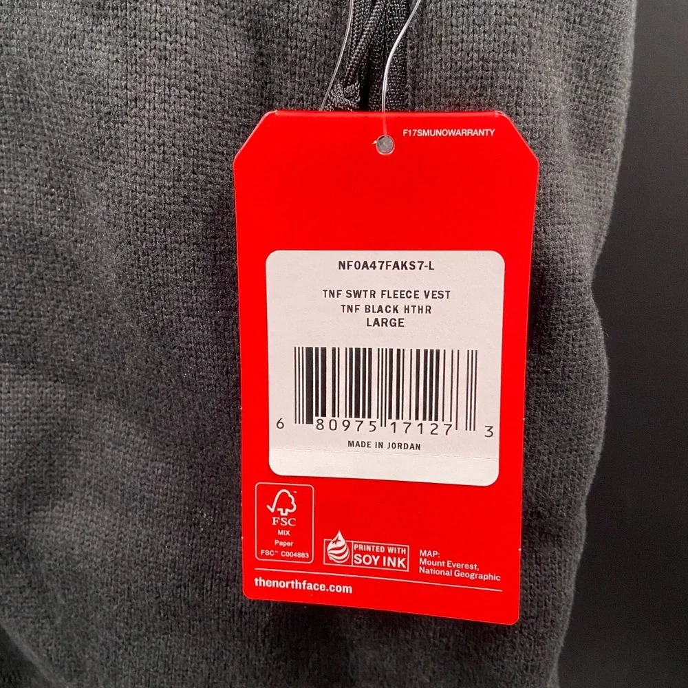 NWT The North Face Men's Black Heather‎ Sweater Vest Full Zip Size L Men